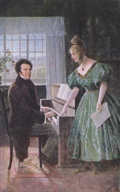 Franz Peter Schubert (1797-1828) tocando el piano, postal c.1910 de Austrian School