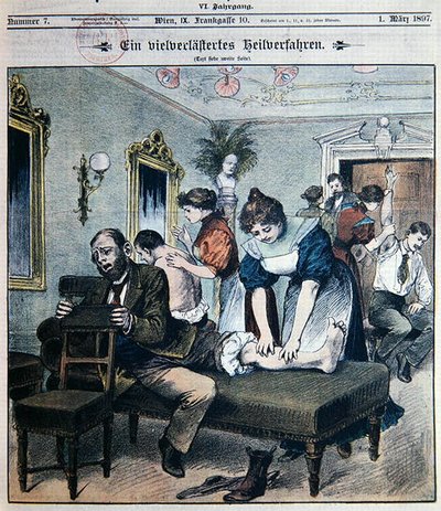 Representación humorística de un salón de masajes americano de Austrian School