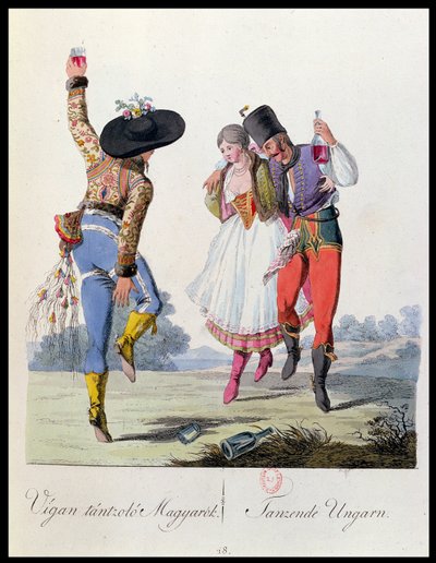 Bailarines húngaros en traje tradicional, ilustración de un libro Costumes de Pannonie por J.H. de Bikkesy, publicado en Viena, 1810 de Austrian School