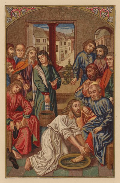 Jesús lava los pies de los discípulos (cromolito) de Austrian School