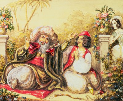 Pedrillo sirviendo bebida a Osmin, mientras Blonda espera en el fondo, escena del Acto II, de 