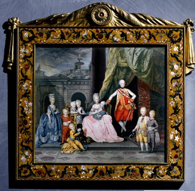 Retrato de Pierre-Leopold de Habsburgo-Lorena (Pierre Leopold de Habsburgo Lorena) (1747-1792) (luego Leopoldo II del Sacro Imperio o Austria) rodeado de su familia (su esposa María Luisa y sus 8 hijos) Miniatura. 1776 Viena Hofbour de Austrian School