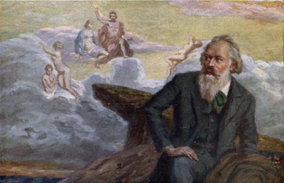 Postal que muestra a Johannes Brahms (1833-97) componiendo su 1ª Sinfonía Op.68, c.1900 de Austrian School