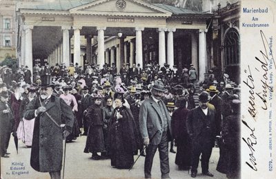Postal que representa al Rey Eduardo VII (1841-1910) visitando el balneario de Marienbad, c.1905 de Austrian School