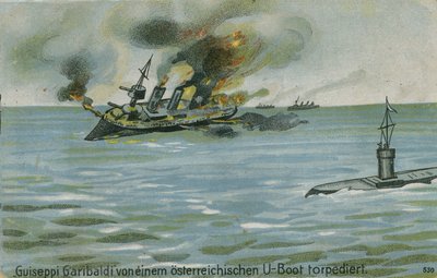 Hundimiento del crucero italiano Giuseppe Garibaldi por el submarino austriaco U-4, Primera Guerra Mundial, 18 de julio de 1915 de Austrian School