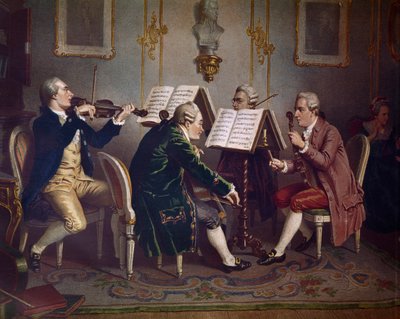 Cuarteto de cuerda interpretando una obra de Mozart (Música de cámara) (Litografía de Austrian School