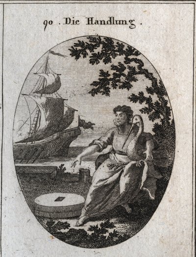 Alegoría del comercio. A sus pies se colocan dos molinos uno sobre el otro y sostiene una cigüeña en sus brazos. Sus dos atributos significan que la ayuda mutua es la fuerza del comercio. Al fondo, un barco de vela completa. Grabado en "Iconologie oder Ide de Austrian School
