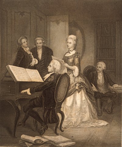 Wolfgang Amadeus Mozart acompañando a Caterina Maddalena Giuseppa (grabado) de Austrian School