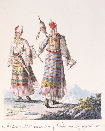 Mujeres con traje tradicional de la región de Mehadia, ilustración de un libro Costumes de Hongrie por J.H. de Bikkesy, 1810 de Austrian School