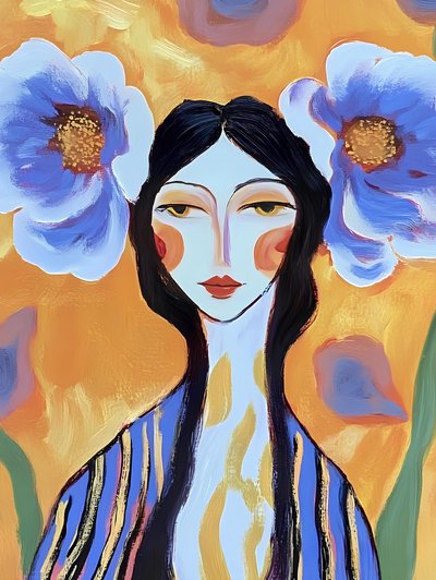 Mujer boho con flores azules de Avanesova Elena