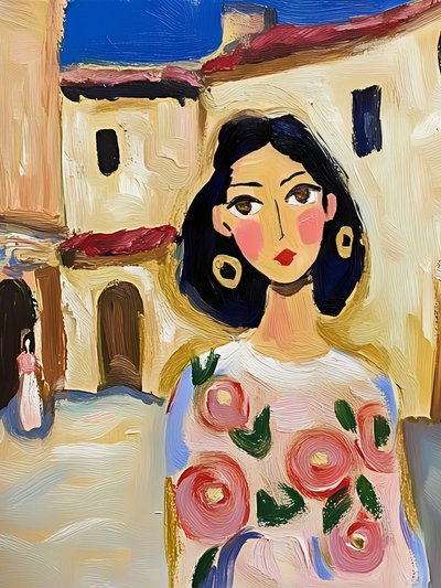 Mujer de pueblo con motivos florales pintados de Avanesova Elena