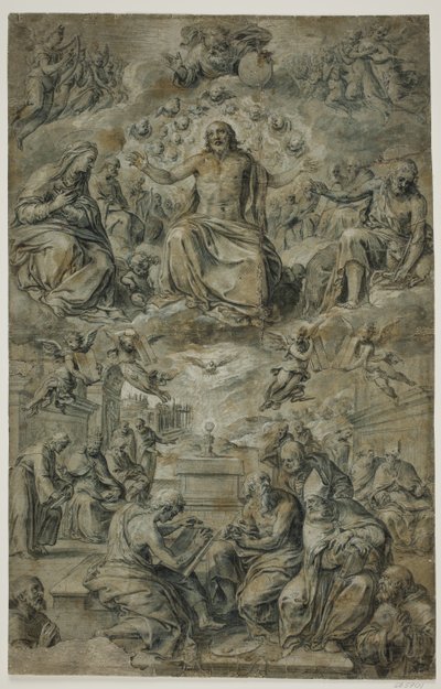Disputa del Santísimo Sacramento con la Trinidad flotando en el cielo de Avanzino Nucci