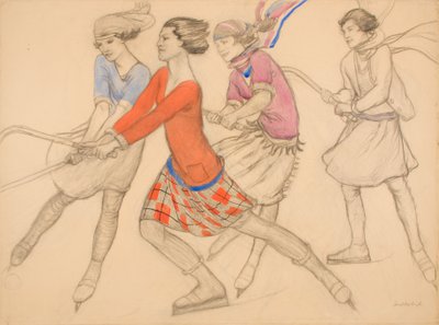 Hockey sobre hielo (lápiz con acuarela y tinta sobre papel) de Averil Mary Burleigh