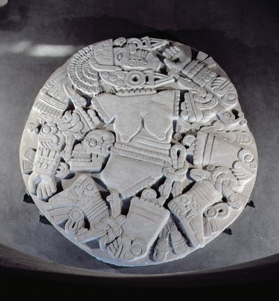Escultura del desmembramiento de la diosa lunar Coyolxauhqui, encontrada al pie de la pirámide gemela en Tenochtitlán, Período Posclásico Tardío (1300-1521) de Aztec