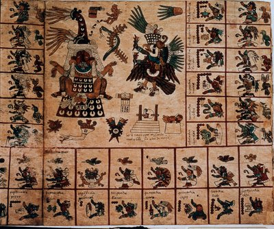 Representación de deidades aztecas y cajas correspondientes al calendario. Página del manuscrito azteca en corteza 