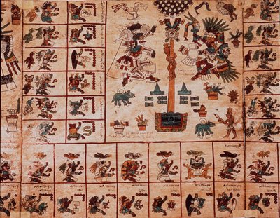 Representación de deidades aztecas y cajas correspondientes al calendario. Página del manuscrito azteca en corteza Codex Borbonicus, códice indígena precolombino del centro de México, finales del siglo XV. Biblioteca de la Asamblea Nacional (Palais Bourbon de Aztec
