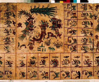 Representación de deidades aztecas y cajas correspondientes al calendario. Página del manuscrito azteca en corteza "Códice Borbónico", códice indígena precolombino del centro de México, finales del siglo XV. Biblioteca de la Asamblea Nacional (Palais Bourb de Aztec