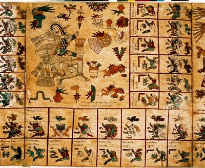Representación de deidades aztecas y cajas correspondientes al calendario. Página del manuscrito azteca en corteza 