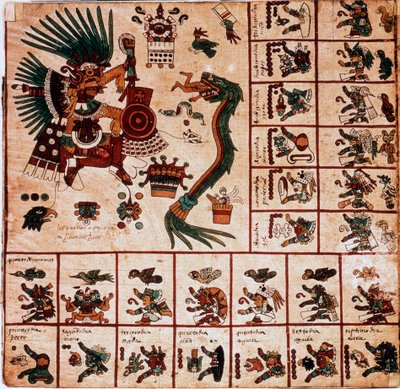 Representación de Quetzalcóatl y Tezcatlipoca, deidades aztecas y cajas correspondientes al calendario. Página del manuscrito azteca en corteza "Códice Borbónico", códice indígena precolombino del centro de México, finales del siglo XV. Biblioteca de la As de Aztec