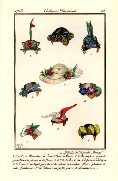 Diseños de sombreros de mujer de la sombrerera Marcelle Demay. Modelos de Marcelle Demay. Grabado pochoir (stencil) coloreado a mano según una ilustración de B. Berty del Journal des Dames et des Modes de Tommaso Antongini, Aux Bureaux du Journal des Dames de B Berty