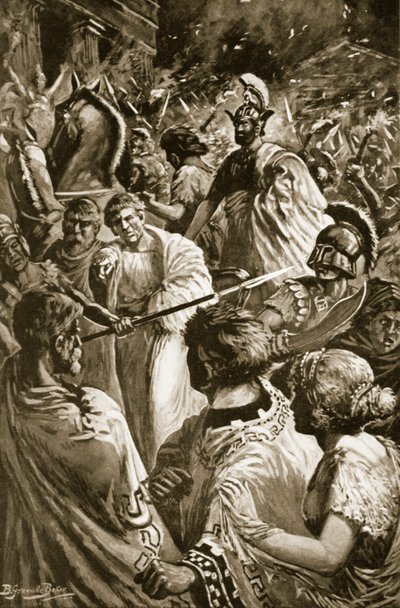 El saqueo de Olinto, 348 a.C., ilustración de la "Historia de las Naciones de Hutchinson". de B. Granville (after) Baker