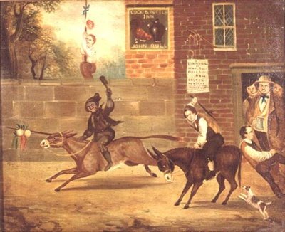 Carrera de burros fuera de la posada Cock and Bottle de B White
