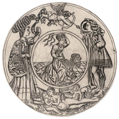 Aristóteles y Filis, rodeados de un joven y una mujer con Eros, y una mujer desnuda reclinada con dos niños, segunda mitad del siglo XV de Baccio (circle of) Baldini