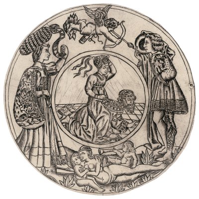 Aristóteles y Filis, rodeados por un joven y una mujer con Eros, y una mujer desnuda reclinada con dos niños, segunda mitad del siglo XV de Baccio Baldini