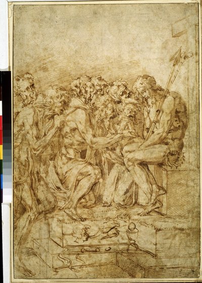 ""Cristo Con Los Símbolos De La Pasión Rodeado De Siete Figuras"" (Cristo Con Los Símbolos De La Pasión Asistido Por Siete Figuras) Dibujo En Tinta Marrón Por Baccio Bandinelli (1493-1560) Siglo XVI Museo Pushkin De Moscú de Baccio Bandinelli