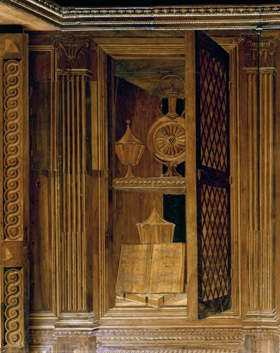 Panel de taracea que representa un armario con una puerta de celosía, en el estudio de Federigo da Montefeltro, duque de Urbino de Baccio Pontelli