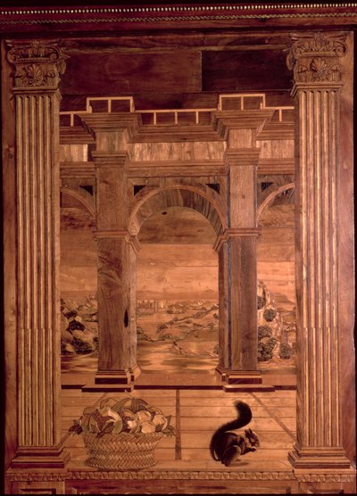 El estudio de Federigo da Montefeltro, duque de Urbino: paneles de taracea que representan un extenso paisaje visto a través de los arcos de una terraza con arcadas, diseñado por Baccio Pontelli (d.1492) de Baccio Pontelli