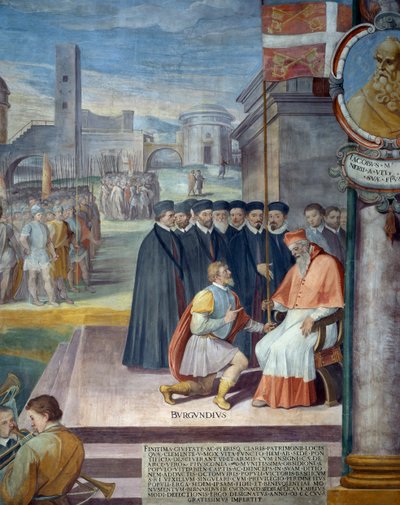 Bernardo de Coucy, rector del Patrimonio, entregando a la ciudad de Viterbo el estandarte de la Iglesia, fresco de Baldassarre Croce de Baldassare Croce