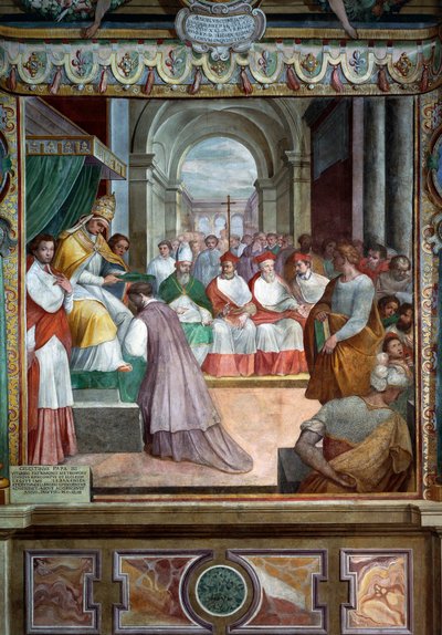 Celestino III consagrando al primer obispo de Viterbo en 1192, detalle de los frescos de Baldassare Croce de Baldassare Croce
