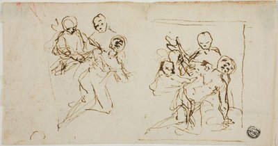 Dos bocetos de composición de figura desplomada apoyada en otras dos figuras (anverso); boceto de composición de figura arrodillada acompañada de otras dos figuras de Baldassare Franceschini