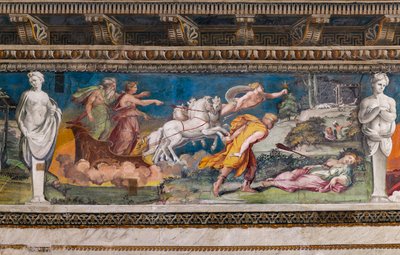 Procris empalada por la jabalina que nunca falla, Céfalo corriendo hacia ella y Aurora y Titone en un carro tirado por cuatro caballos de Baldassarre Peruzzi