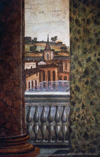 Edificios junto al agua, detalle del fresco de la Sala de las Perspectivas de Baldassarre Peruzzi