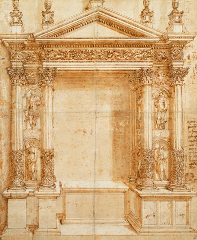Diseño para un Altar con un Tabernáculo con Frontón Soportado por Estatuas Corintias Emparejadas de Santa Lucía, Santa Inés, San Ansano y San Esteban en Nichos Entre Ellos de Baldassarre Peruzzi