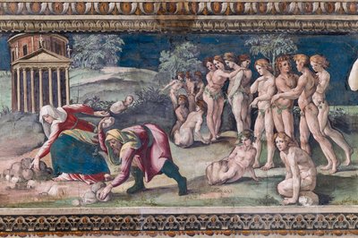 Deucalión y Pirra lanzando piedras de Baldassarre Peruzzi