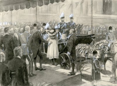 El Rey Eduardo VII y la Reina Alexandra - Stand del Consejo del Condado de Londres en Trafalgar Square, 24 de octubre de 1902 (acuarela sobre papel) de Balliol (after) Salmon