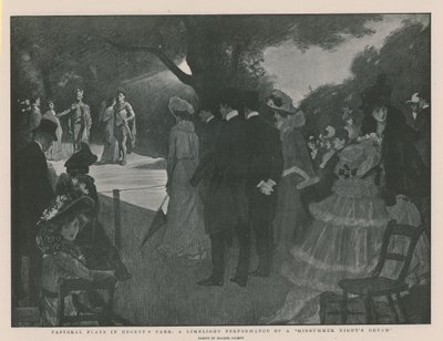 Representaciones pastorales en Regents Park: una representación a la luz de las candilejas de Sueño de una noche de verano (grabado) de Balliol (after) Salmon