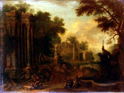 Paisaje boscoso con viajeros descansando junto a ruinas clásicas de Balthasar (circle of) Beschey