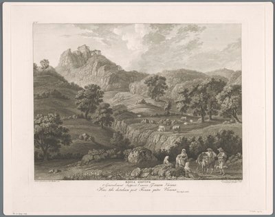 Vista de Roccagiovine Rocca Giovine (título sobre objeto) Suite de VI vues des Environs de Rome (...) (título de la serie) de Balthasar Anton Dunker