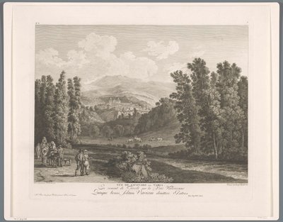 Gezicht op Vicovaro Vista de Vicovaro viejo. Varia (título en objeto) Suite de VI Vistas de los alrededores de Roma (...) (título de la serie) de Balthasar Anton Dunker