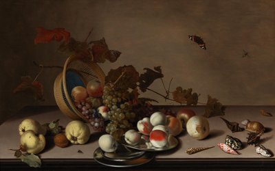 Bodegón de frutas con cesta de mimbre, mejillones y mariposa, primera mitad del siglo XVII de Balthasar van der Ast