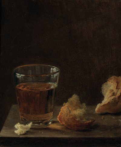 Un vaso de cerveza y un panecillo en una mesa de Balthasar Denner