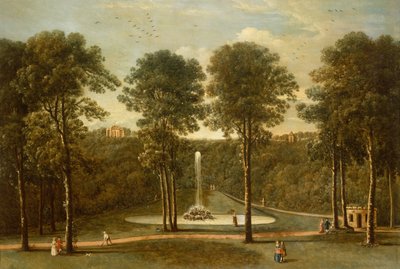 Una vista del estanque de la fuente en Hackfall, con la casa de banquetes más allá (óleo sobre lienzo) de Balthasar Nebot