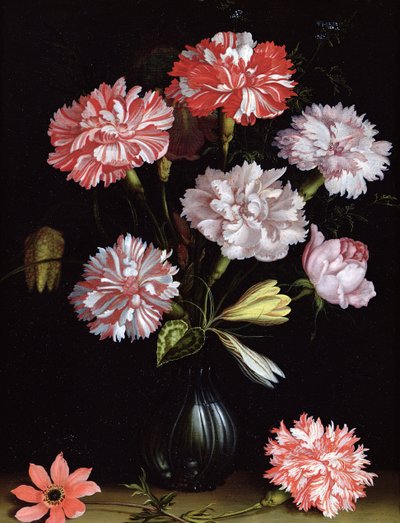 Estudio floral: Claveles en un jarrón de Balthasar van der Ast