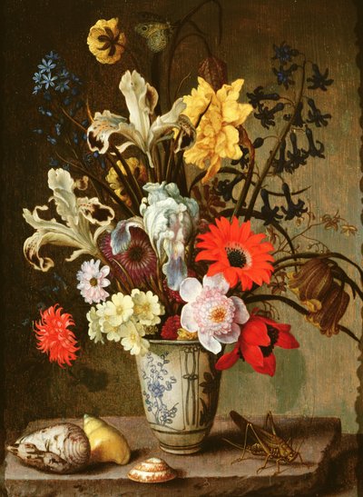 Estudio floral con vaso, saltamontes y conchas marinas de Balthasar van der Ast