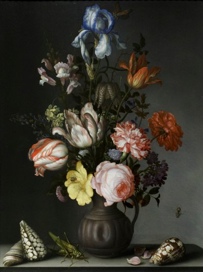 Flores en un jarrón con conchas e insectos, hacia 1630 (óleo sobre roble) de Balthasar van der Ast