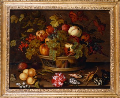 Uvas, manzanas, un melocotón y ciruelas en una cesta con lirio de los valles de Balthasar van der Ast